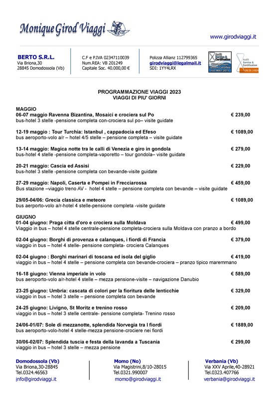 Volantino Monique Girod Viaggi | Programmazione viaggi 2023 | 27/4/2023 - 31/12/2023