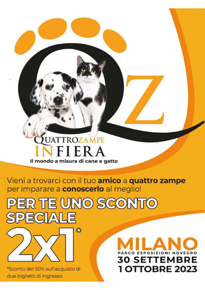 Volantino Quattrozampeinfiera a Carugate | QuattroZampeInFiera - Milano | 31/8/2023 - 1/10/2023