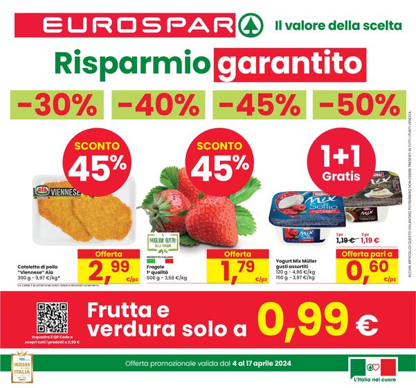Volantino Eurospar a Marzabotto | Risparmio garantito -30% -40% -45% -50% | 4/4/2024 - 17/4/2024