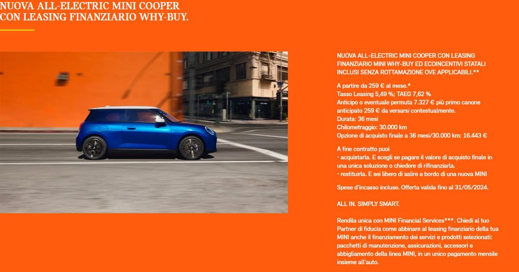 Volantino Mini a Torino | Nova all-electric Mini Cooper | 22/4/2024 - 31/5/2024