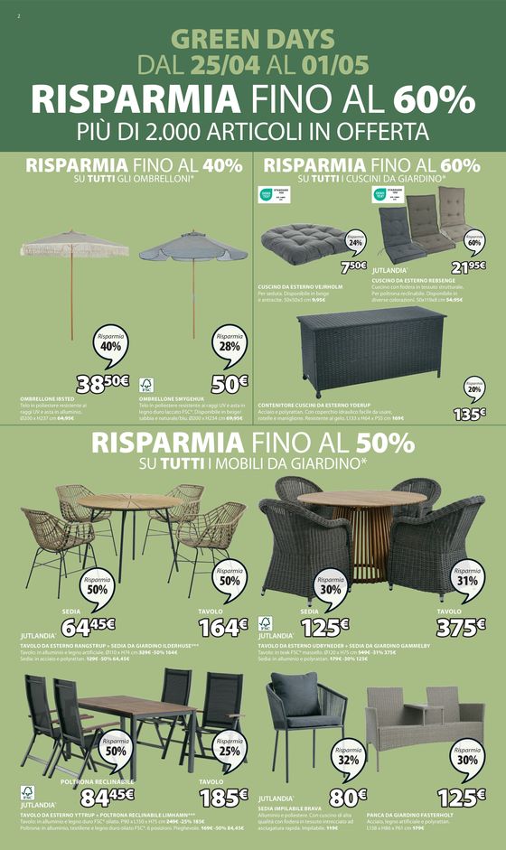 Volantino JYSK a Marcon | Green days: RISPARMIA FINO AL 60% | 25/4/2024 - 1/5/2024