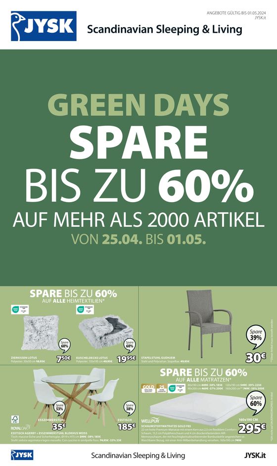Volantino JYSK a Brunico | Wir feiern Green days: SPARE BIS ZU 60% | 25/4/2024 - 1/5/2024