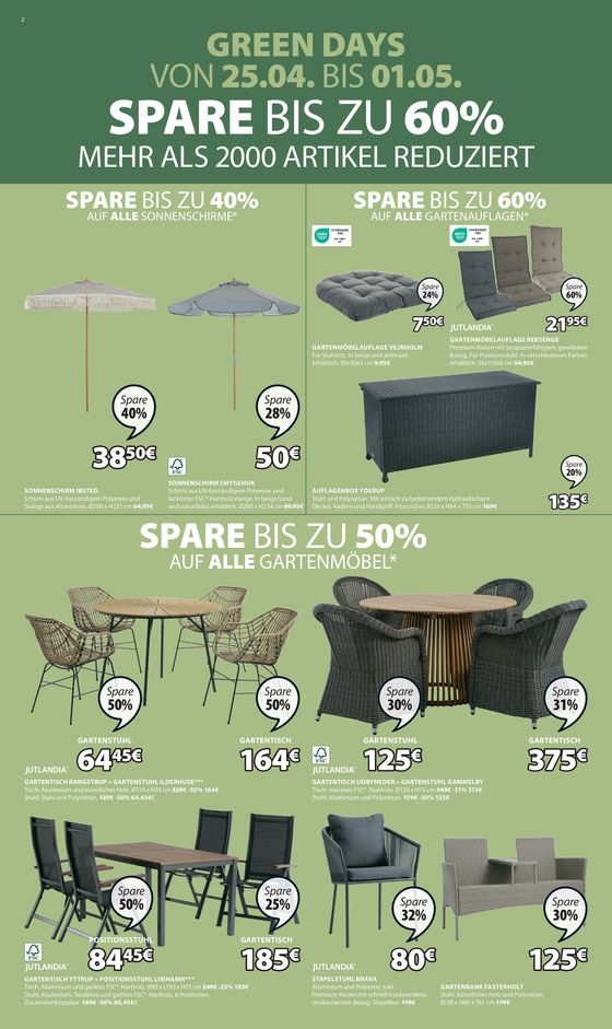 Volantino JYSK | Wir feiern Green days: SPARE BIS ZU 60% | 25/4/2024 - 1/5/2024