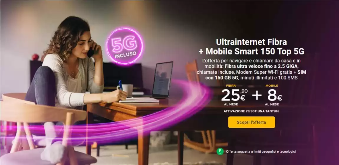 Volantino Tiscali Casa a Miggiano | Ultrainternet Fibra + Mobile Smart 150 Top 5G | 1/11/2024 - 30/11/2024