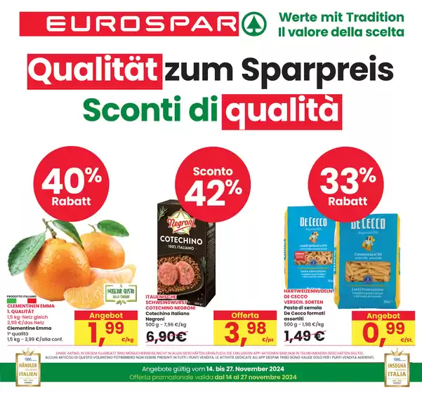 Volantino Eurospar a Bolzano | Sconti di qualità  | 14/11/2024 - 27/11/2024