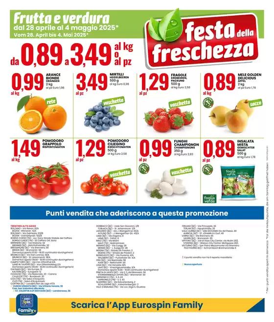 Volantino Eurospin a Cles | SPECIALE ANNIVERSARIO: FESTA DELLA FRESCHEZZA | 28/4/2025 - 4/5/2025