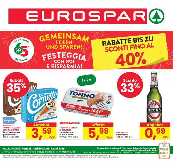 Volantino Eurospar a Bressanone | Sconti fino al 40% | 28/4/2025 - 14/5/2025