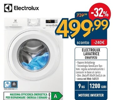 Offerta per Electrolux EW6F592U lavatrice Caricamento frontale 9 kg 1151 Giri/min A Bianco a 499,99€ in Sinergy