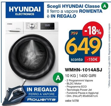 Offerta per Hyundai WMHN-1014ASJ lavatrice Caricamento frontale 10 kg 1400 Giri/min A Nero, Bianco a 649€ in Sinergy