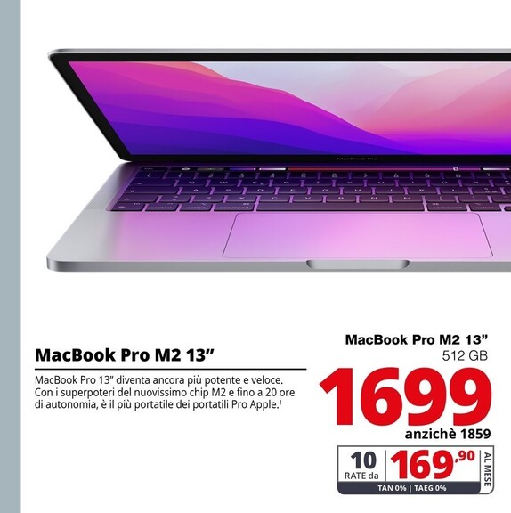 Offerta per Apple MacBook Pro 13" M2 8-core CPU 10-core GPU 512GB SSD - Argento a 1699€ in Comet