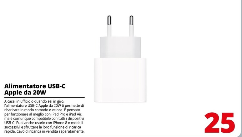 Offerta per Apple 20W USB-C Bianco Interno a 25€ in Comet