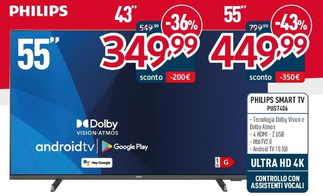Offerta per Philips Smart TV PUS7406 a 349,99€ in Elettrosintesi