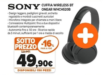 Offerta per Sony Cuffia Wireless BT Onear WHCH520B a 49,9€ in Expert
