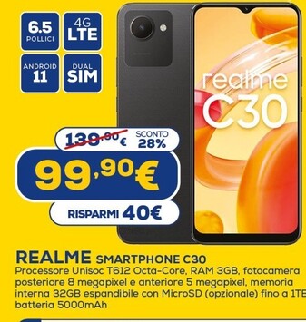 Offerta per Realme Smartphone C30 a 99,9€ in Euronics