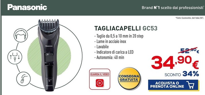 Offerta per Panasonic Tagliacapelli GC53 a 34,9€ in Euronics