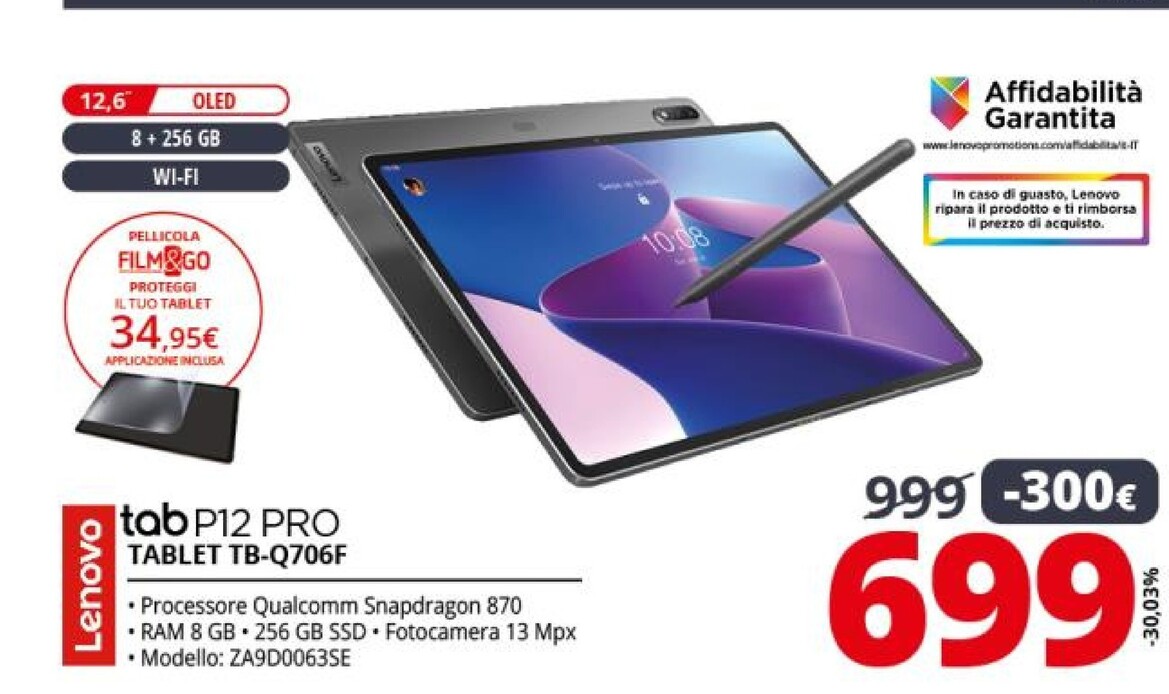 Offerta per Lenovo Tab P12 Pro 256 GB 32 Cm (12.6") Qualcomm Snapdragon 8 GB Wi-Fi 6 (802.11ax) Android 11 Grigio a 699€ in Comet