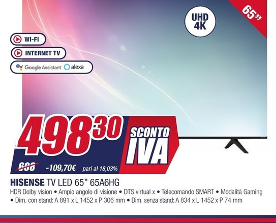 Offerta per Hisense Tv Led 65" 65A6HG a 498,3€ in Trony