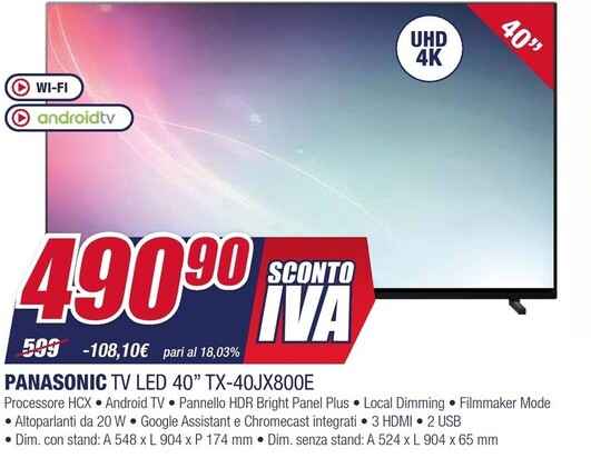 Offerta per Panasonic Tv Led 40" TX-40JX800E a 490,9€ in Trony