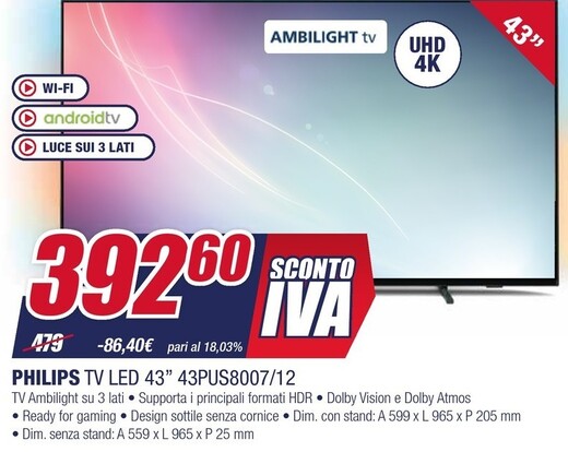 Offerta per Philips Tv Led 43" 43PUS8007/12 a 392,6€ in Trony