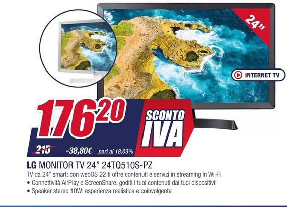Offerta per LG Monitor Tv 24" 24TQ510S-PZ a 176,2€ in Trony