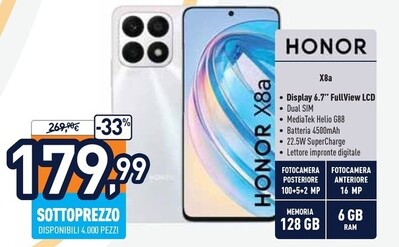 Offerta per Honor X8a 17 Cm (6.7") Doppia SIM Android 12 4G USB Tipo-C 6 GB 128 GB 4500 MAh Ciano a 179,99€ in Unieuro