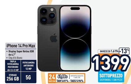 Offerta per Apple IPhone 14 Pro Max 17 Cm (6.7") Doppia SIM IOS 16 5G 256 GB Oro a 1399€ in Unieuro
