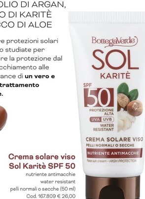 Offerta per Bottega Verde Crema Solare Viso Sol Karite Spf 50 a 26€ in Bottega verde