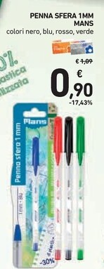 Offerta per Mans - Penna Sfera 1mm Colori Nero a 0,9€ in Spazio Conad
