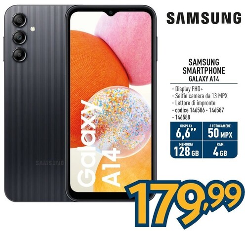 Offerta per Samsung Galaxy A14 Display LCD FHD+ 6.6", Android 13, 4GB RAM, 128GB, Doppia SIM, Batteria 5.000 MAh, Black a 179,99€ in Sinergy