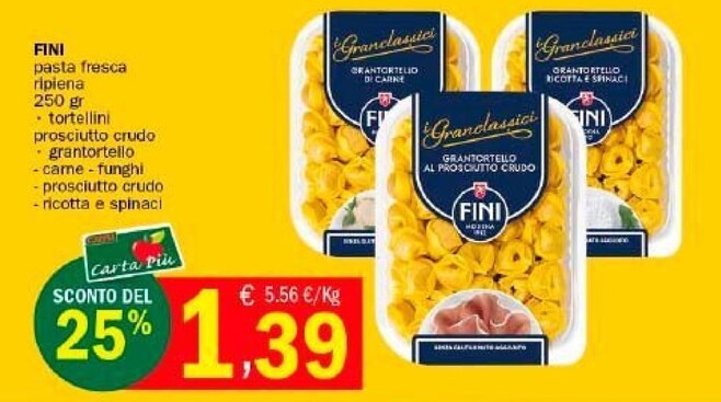 Offerta per Fini Modena Pasta Fresca Ripiena Tortellini Prosciutto Crudo a 1,39€ in Punto Fresco Supermercati