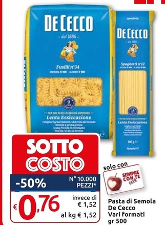 Offerta per De Cecco Pasta Di Semola a 0,76€ in Carrefour Market Superstore