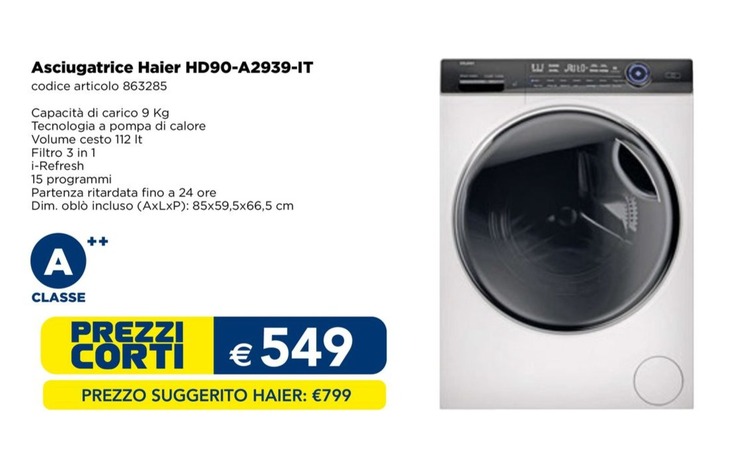 Offerta per Haier - Asciugatrice HD90-A2939-IT a 549€ in Esselunga