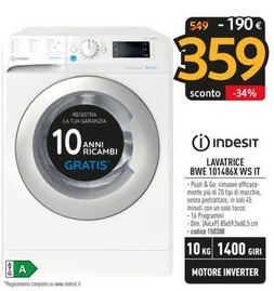 Offerta per Indesit - BWE 101486X WS IT lavatrice Caricamento frontale 10 kg 1400 Giri/min Bianco a 359€ in Sinergy