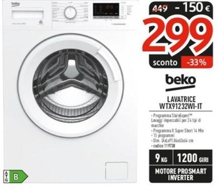 Offerta per Beko - Lavatrice WTX91232WI-IT a 299€ in Elettrosintesi