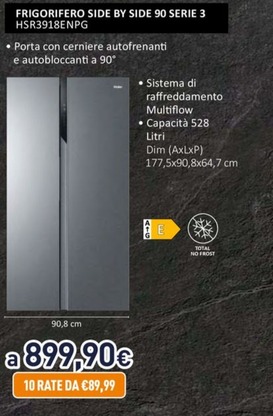 Offerta per Haier - SBS 90 Serie 3 HSR3918ENPG frigorifero side-by-side Libera installazione 528 L E Argento a 899,9€ in Unieuro