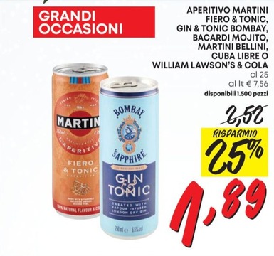 Offerta per Aperitivo Martini Fiero & Tonic, Gin & Tonic Bombay, Bacardi Mojito, Martini Bellini, Cuba Libre O William Lawson's & Cola a 1,89€ in Pam