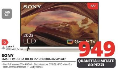 Offerta per Sony - Smart Tv Ultra Hd 4K 65" Uhd KD65X75WLAEP a 949€ in Comet