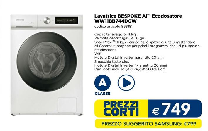 Offerta per Samsung - Lavatrice Bespoke Ai Ecodosatore WW11BB744DGW a 749€ in Esselunga