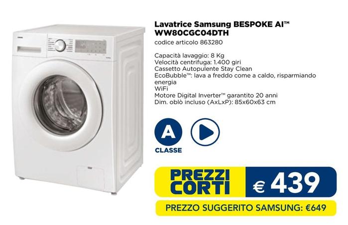 Offerta per Samsung - Lavatrice Bespoke Ai WW80CGC04DTH  a 439€ in Esselunga