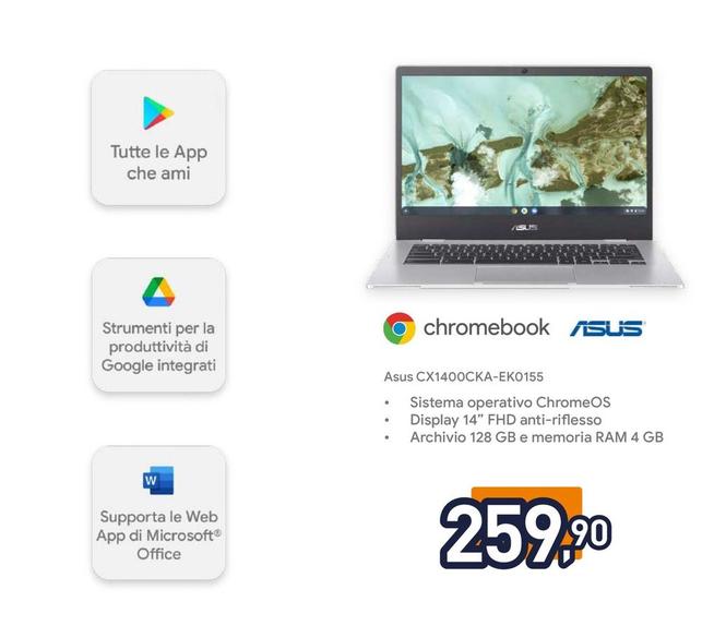 Offerta per Asus - Chromebook CX1400CKA-EK0155 N4500 35,6 cm (14") Full HD Intel® Celeron® N 4 GB LPDDR4x-SDRAM 128 GB eMMC Wi-Fi 6 (802.11ax) ChromeOS Argento a 259,9€ in Unieuro