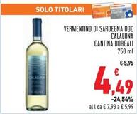 Offerta per Cantina Dorgali - Vermentino Di Sardegna DOC Calaluna a 4,49€ in Conad