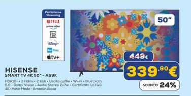 Offerta per Hisense - Smart Tv 4K 50"-A69K a 339,9€ in Euronics