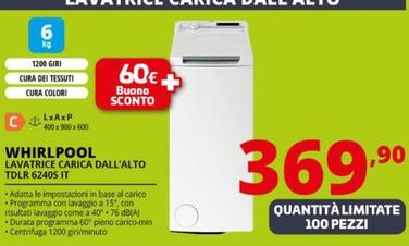 Offerta per Whirlpool - TDLR 6240S IT lavatrice Caricamento dall'alto 6 kg 1151 Giri/min Bianco a 369,9€ in Comet