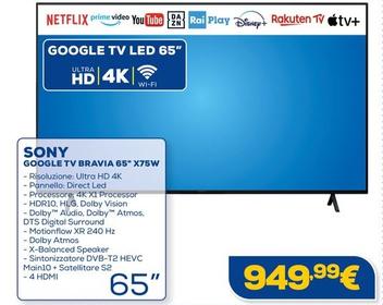 Offerta per Sony - Google Tv Bravia 65" X75W a 949,99€ in Euronics