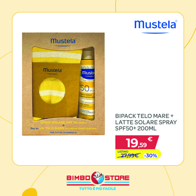 Offerta per Mustela Bipack telo mare + latte solare spray SPF50+ 200ML  a 19,59€ in Bimbo Store