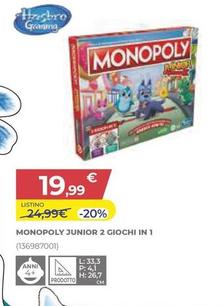 Offerta per Hasbro - Monopoly Junior 2 Giochi In 1  a 19,99€ in Toys Center