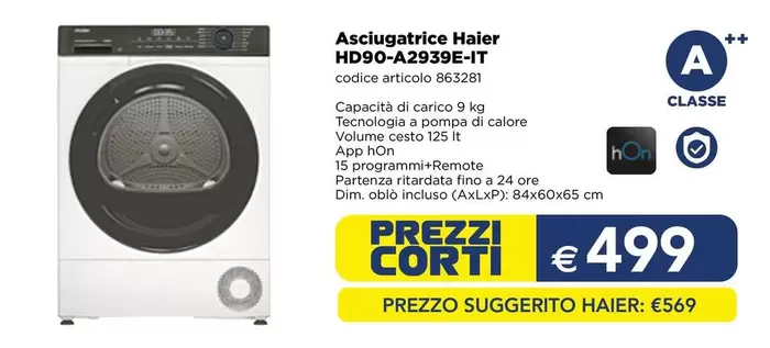 Offerta per Haier - Asciugatrice HD90-A29396-IT a 499€ in Esselunga