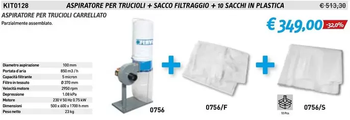 Offerta per Aspiratore Per Trucoli + Sacco Filtraggio + 10 Sacchi In Plastica a 349€ in Fervi