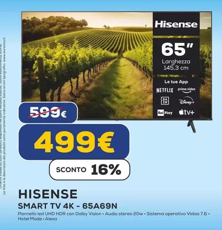 Offerta per Hisense - Smart Tv 4K-65A69N  a 499€ in Euronics